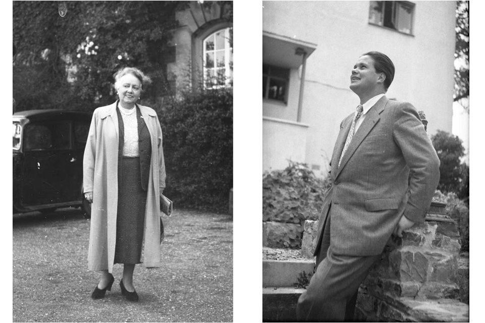 A black and white photo of a women wearing a dress suit and a coat, in front of a old brick building, and a photo of a man wearing a suit, with combined hair, looking into the sky.